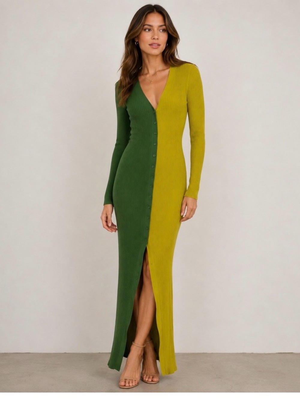 Staud Shoko Sweater Dress Midi Ribbed Bodycon Button Up Green Yellow Large